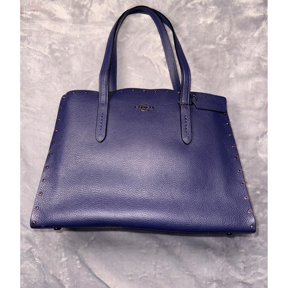 Coach Charlie Carryall Blue Pebbled Leather Studded Tote‎ Bag